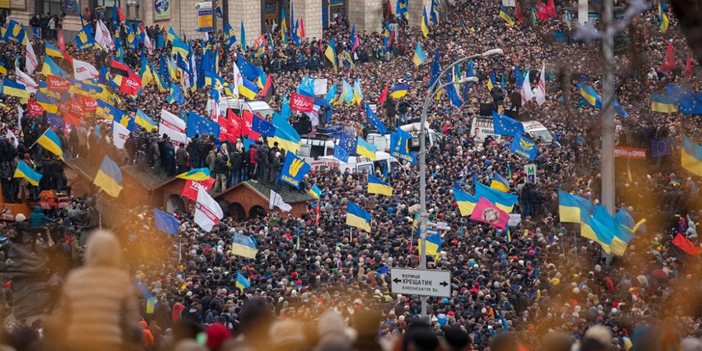 A crowd gathers in the streets of Kyiv, Ukraine.