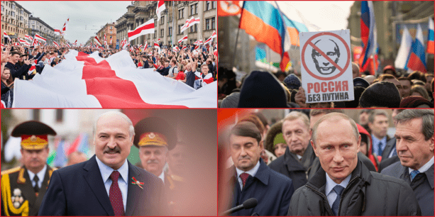 Four images show protest in Belarus, protests in Russia, Alyaksandr Lukashenka, and Vladimir Putin
